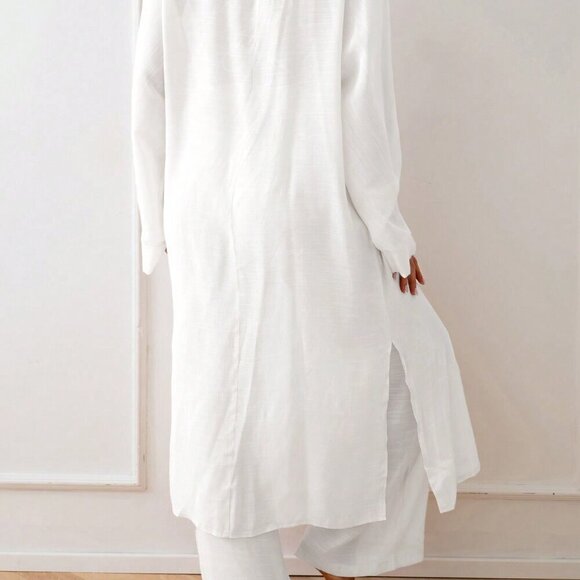 White Women's Side Slit Long Kimono Cover Up - Picture 2 of 6